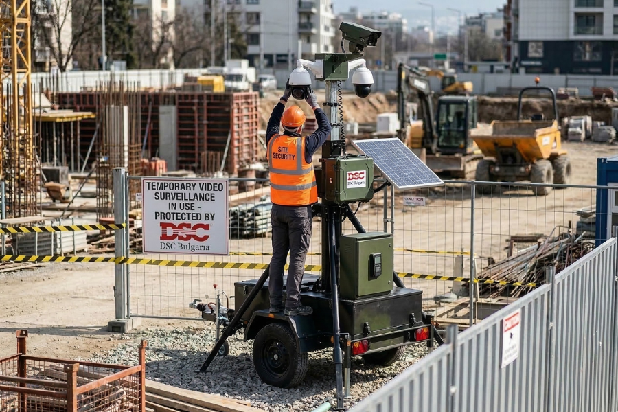 Мобилна кула за временно видеонаблюдение на строителен обект, инсталирана от DSC Bulgaria