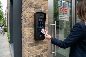 Инсталиран терминал за контрол на достъпа на с клавиатура, четец за карти и биометричен сензор на входа на офис сграда