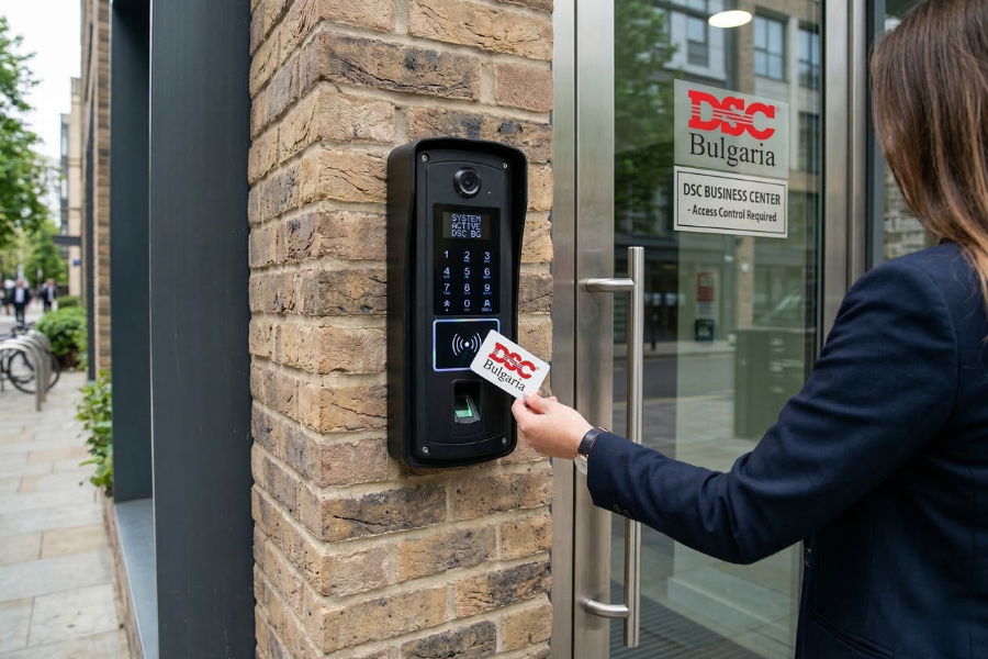 Инсталиран терминал за контрол на достъпа на с клавиатура, четец за карти и биометричен сензор на входа на офис сграда