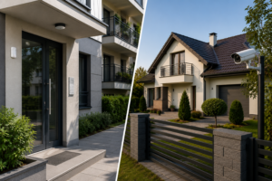 охранителна система за апартамент и къща – вход на жилищна сграда с датчик и еднофамилна къща с външна камера за видеонаблюдение
