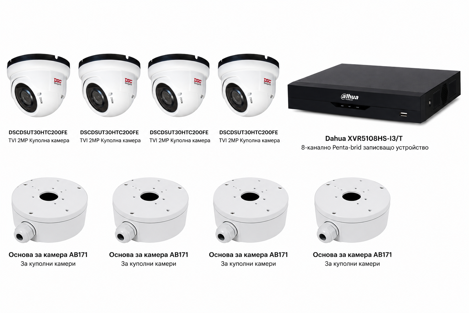 TV КИТ 2MP_4TVI, КУПОЛНА 2.8-12mm DAHUA XVR5108HS-I3/T Комплект за видеонаблюдение с 4 броя DSC 2MP TVI куполни камери – Изображение 1