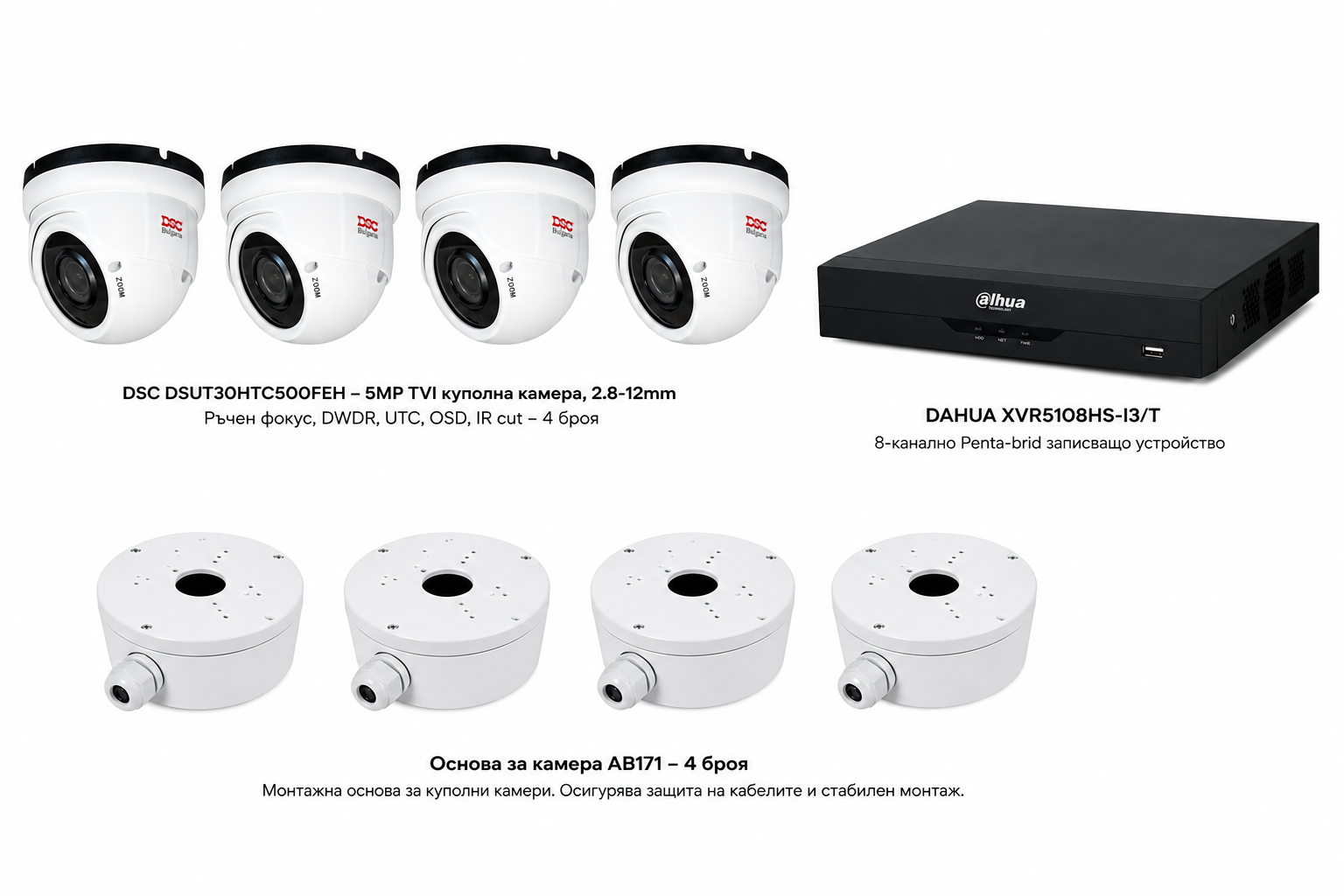 TV КИТ 5MP_4TVI, КУПОЛНА 2.8-12mm DAHUA XVR5108HS-I3/T Комплект за видеонаблюдение с 4 броя DSC 5MP TVI куполни камери – Изображение 1