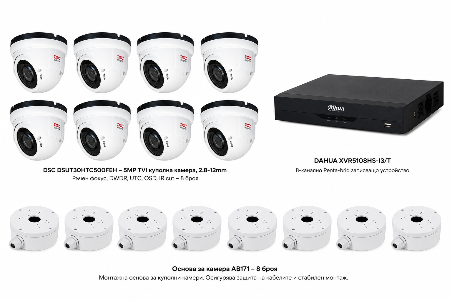TV КИТ 5MP_8TVI, КУПОЛНА 2.8-12mm DAHUA XVR5108HS-I3/T Комплект за видеонаблюдение с 8 броя DSC 5MP TVI куполни камери – Изображение 1